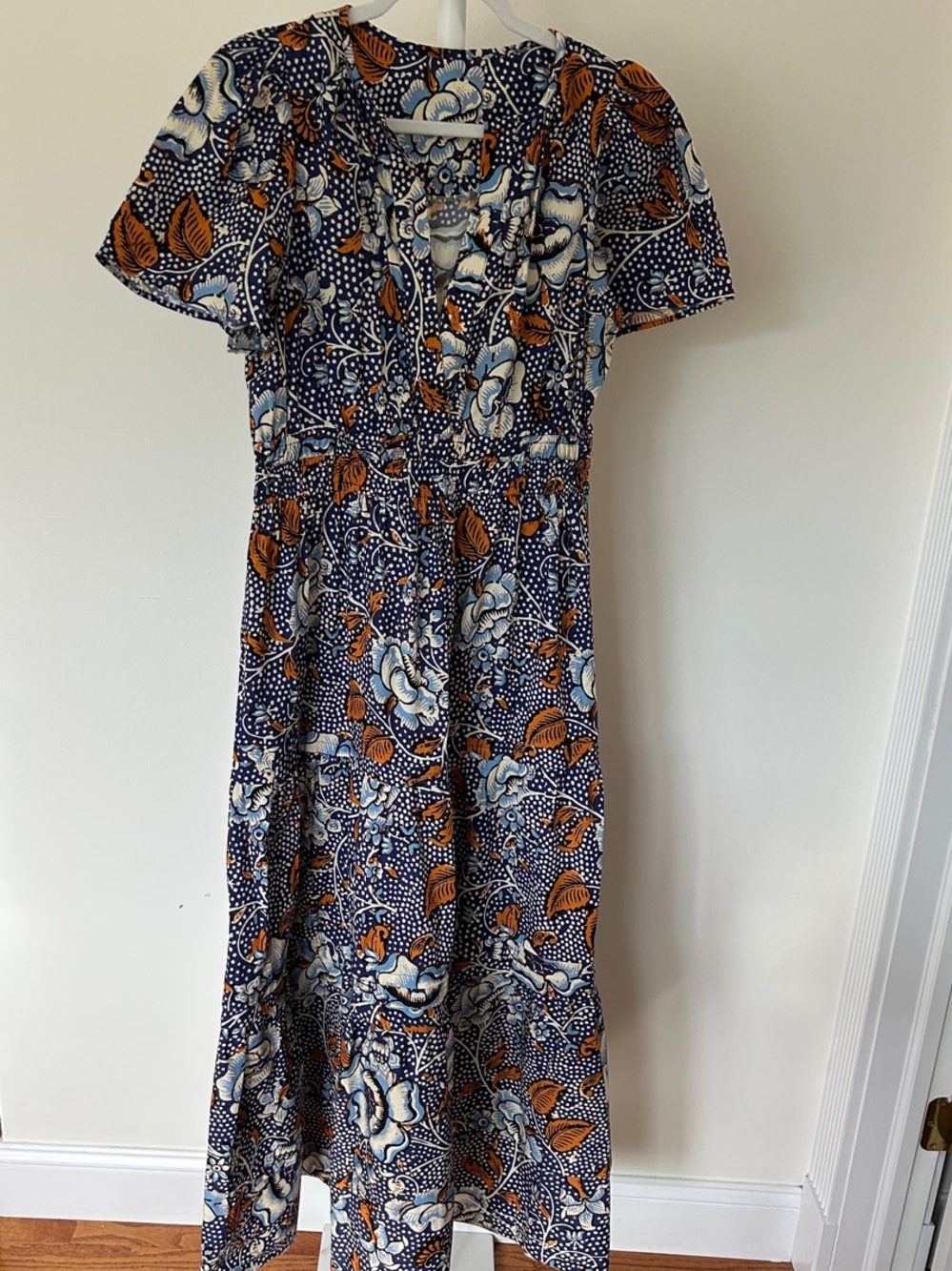Women’s Navy Floral Midi Dress with Rust Accents